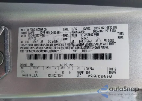 2013 Ford Escape Se из США, поврежденный, VIN 1FMCU0GX3DUB60713